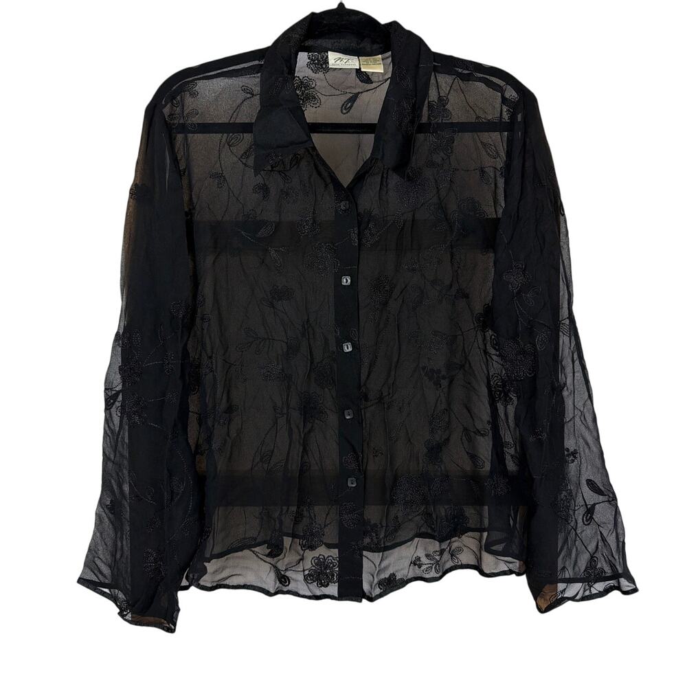 Vintage Norm Thompson Black Floral Embroidered Silk Button Up Blouse XL